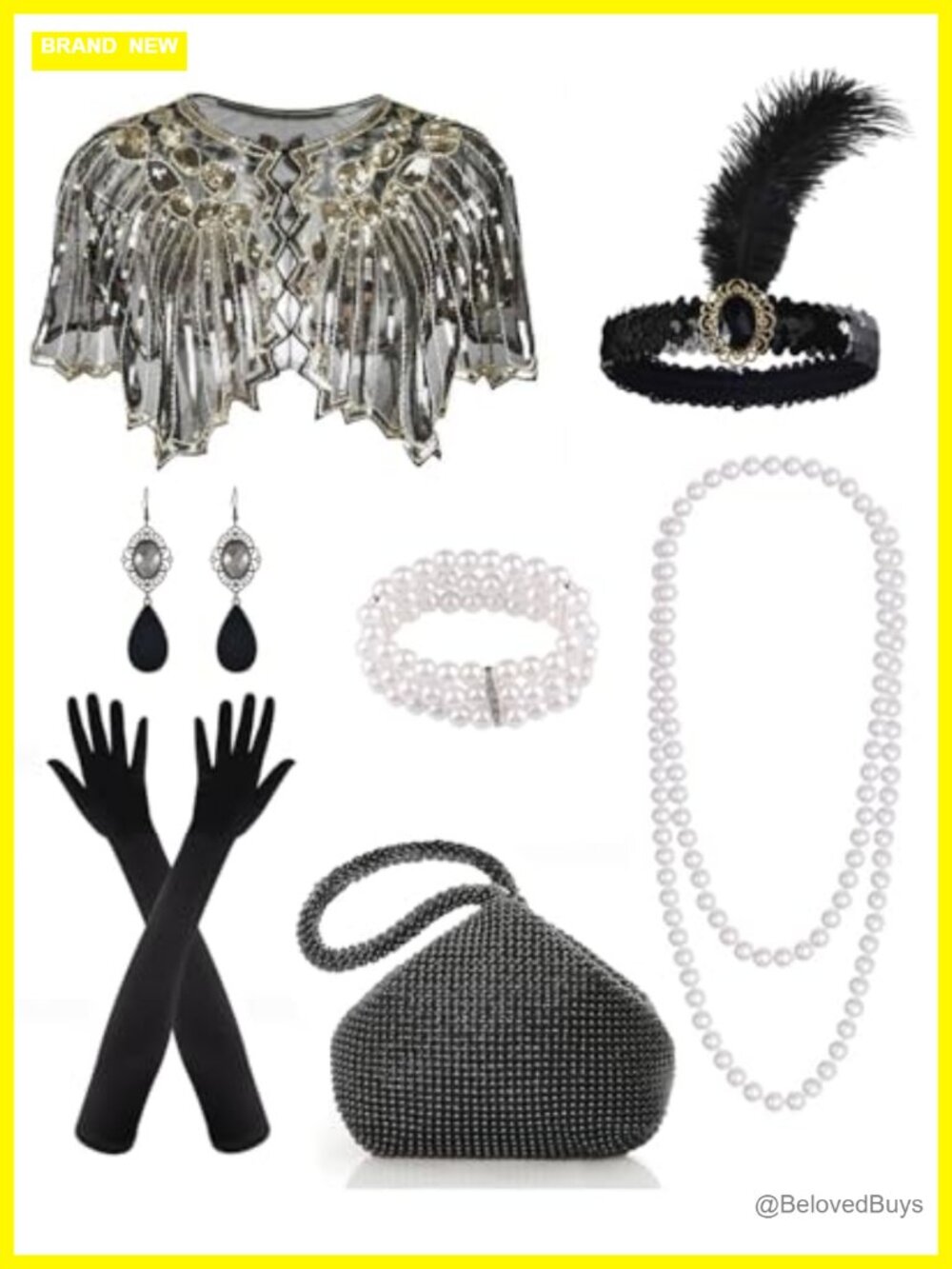 1920s Flapper Costume Accessories Set Sequin Shawl Satin Gloves Clutch